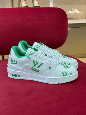 LOUIS VUITTON TRAINER LOW-TOP SNEAKERS IN WHITE AND GREEN