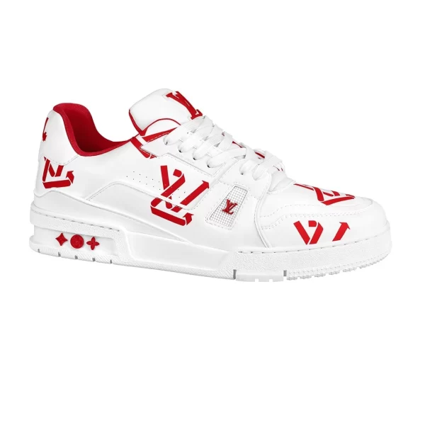 LOUIS VUITTON TRAINER LOW-TOP SNEAKERS IN WHITE AND RED